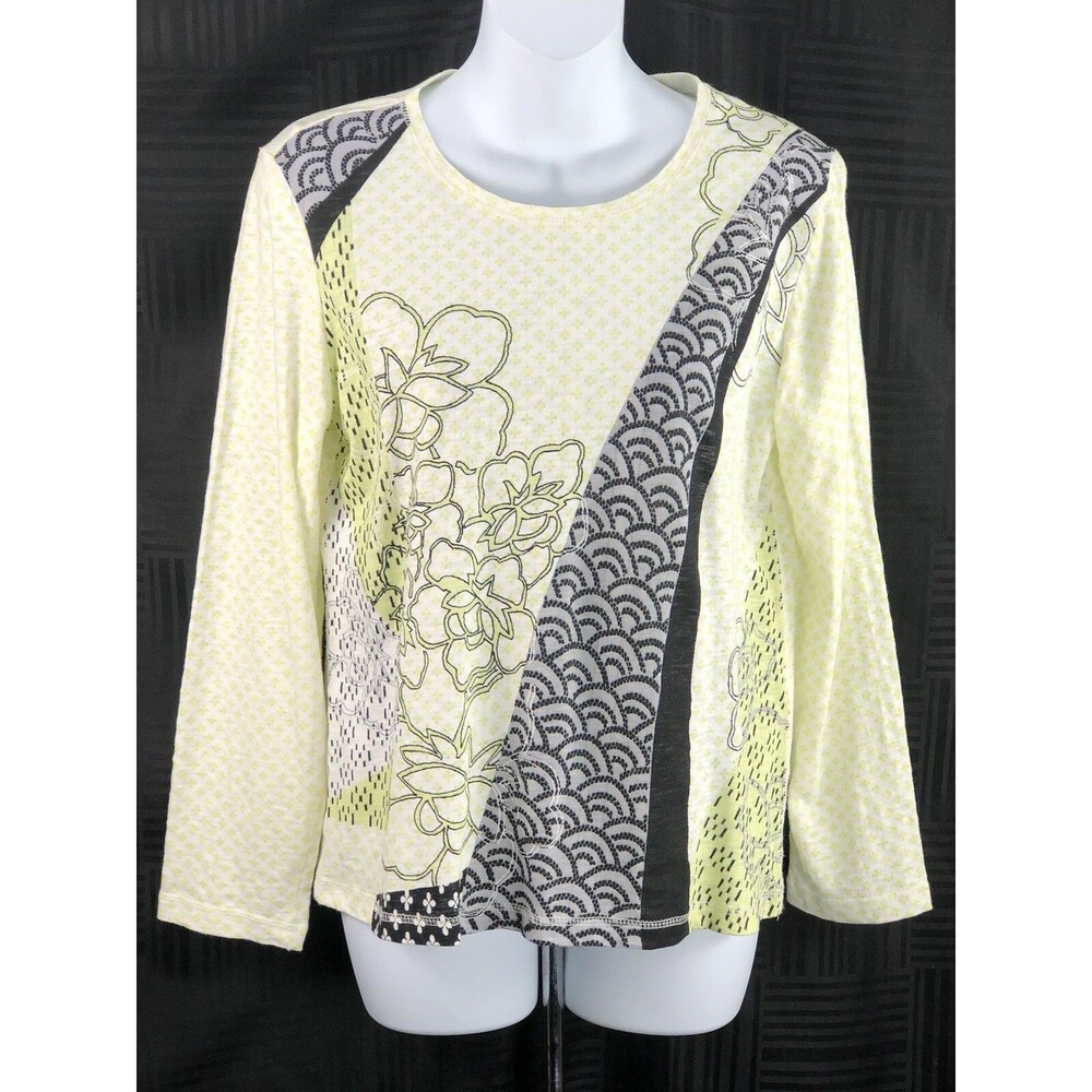 Chico’s Jersey Top 1 M Lime Gray Floral Geometric Floral Long Sleeve Cotton